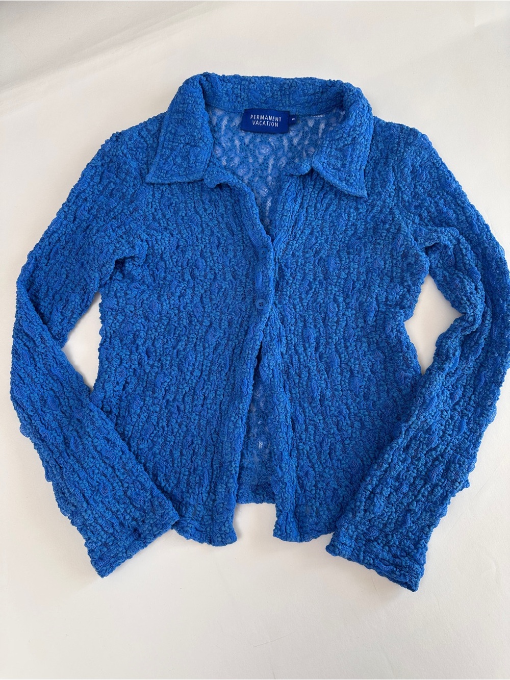 Cobalt Blue Textured Lace Cardigan Mermaidcore Sheer Collared Top